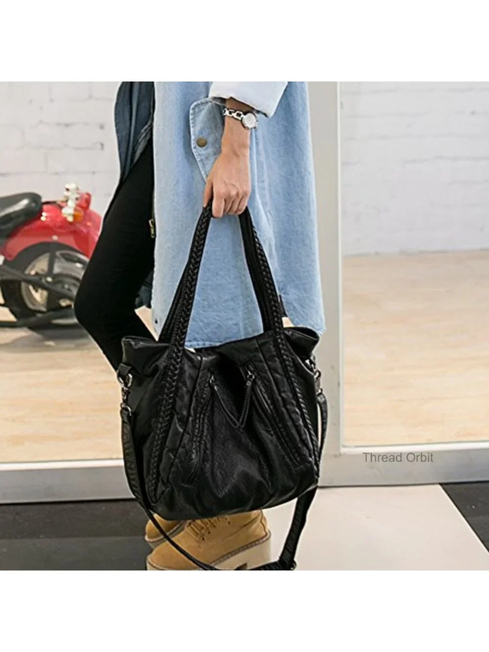 Slouchy Shoulder Tote Bag Hobo Purse Braided Vegan Leather Handbag